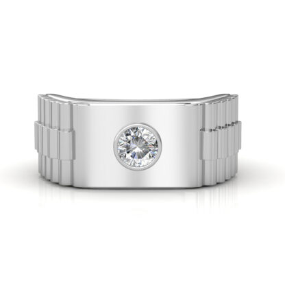 Front view of white gold or platinum stepped ridge bezel diamond ring for men