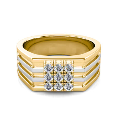 Front view of yellow and white gold two-tone nine diamond grooved ring for men