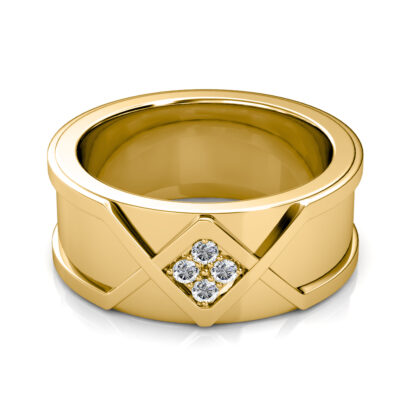 Front view of yellow gold crosshatch diamond ring for men