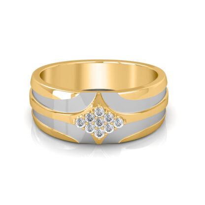Front view of two-tone yellow and white gold two-tone diamond cluster ring for men