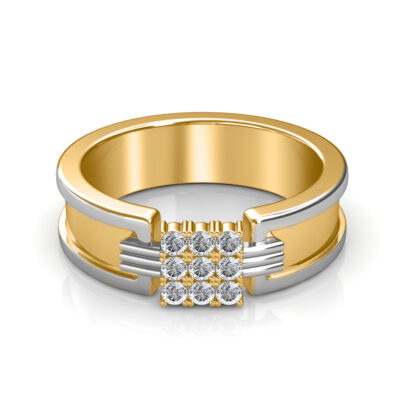 Front view of two-tone yellow and white gold two-tone nine diamond bridge ring for men