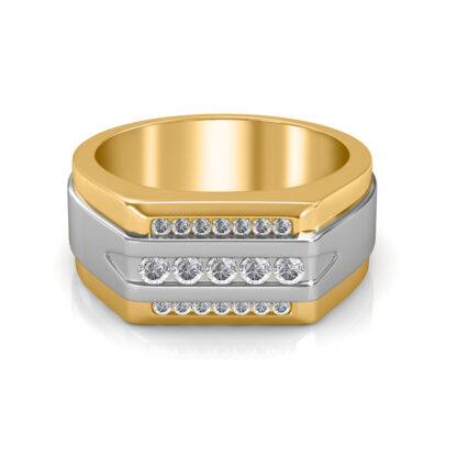 Front view of two-tone yellow and white gold three row channel-set diamond ring for men