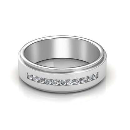 Front view of white gold or platinum channel-set diamond brushed band for men