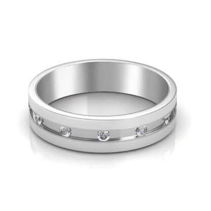 Front view of white gold or platinum star-set diamond band for men