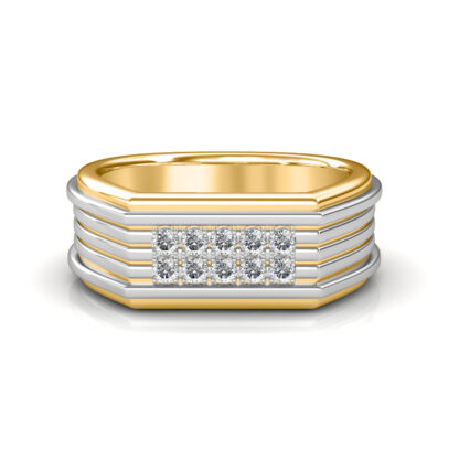 Front view of two-tone yellow and white gold two-tone ridged diamond ring for men