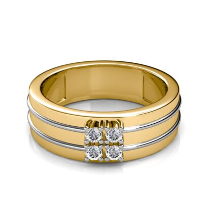 Front view of yellow and white gold double groove four diamond ring for men
