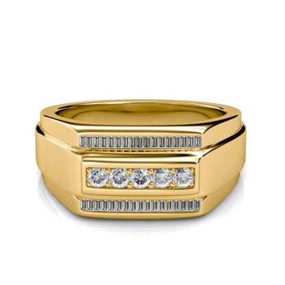 Front view of yellow gold baguette and round diamond signet ring for men