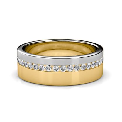 Front view of yellow and white gold two-tone channel-set diamond band for men