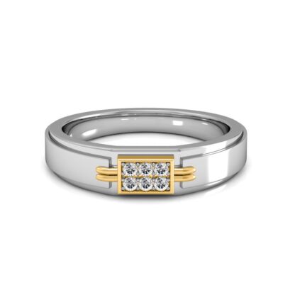 Front view of white and yellow gold two-tone six diamond rectangle ring for men