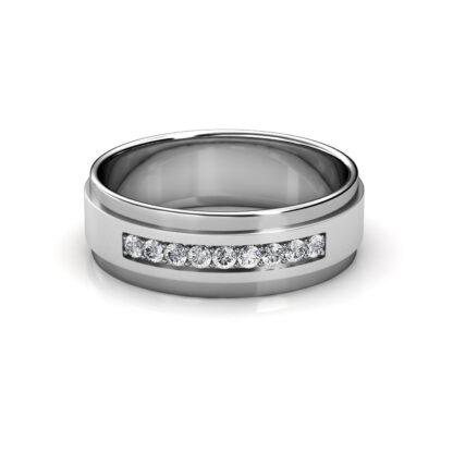 Men's white gold diamond band with channel-set round diamonds and a brushed matte centre