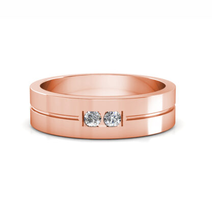 Front view of rose gold two diamond groove flat band for men