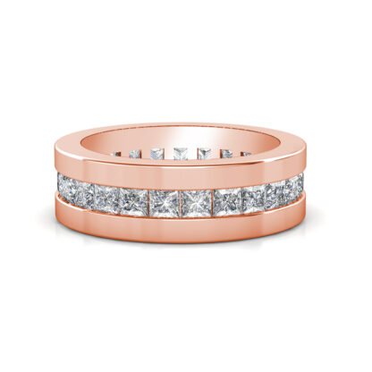 Front view of rose gold princess cut channel-set eternity band for men