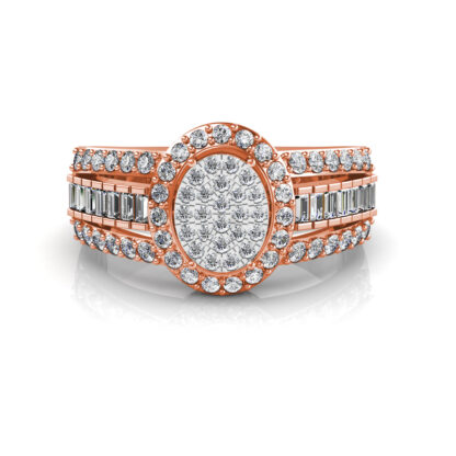 Front view of rose gold oval diamond cluster baguette ring for men