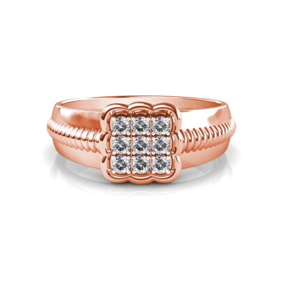 Front view of rose gold nine diamond scalloped square ring for men