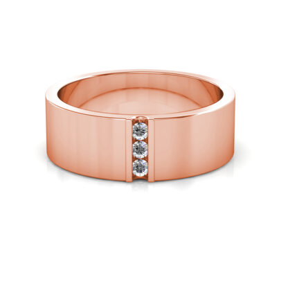 Front view of rose gold vertical three diamond flat band for men