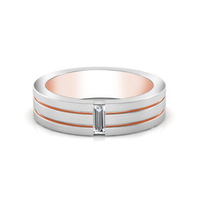Front view of white and rose gold baguette diamond double rail band for men