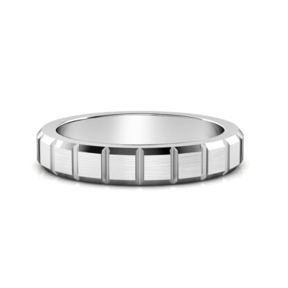 Front view of white gold or platinum brushed block segment band