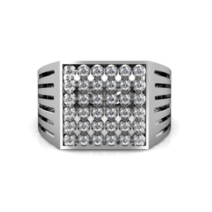 Front view of white gold or platinum square diamond cluster slotted ring for men