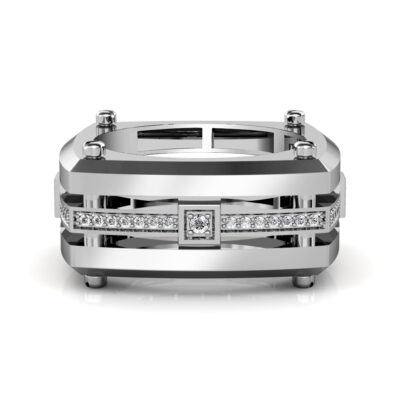 Front view of white gold or platinum screw detail diamond square band for men