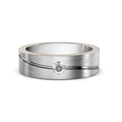 Front view of white gold or platinum wave line diamond brushed band for men