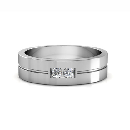 Front view of white gold or platinum two diamond groove flat band for men