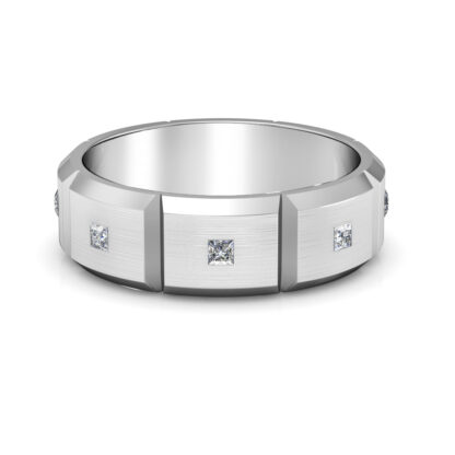 Front view of white gold or platinum princess diamond station band for men