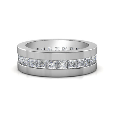 Front view of white gold or platinum princess cut channel-set eternity band for men