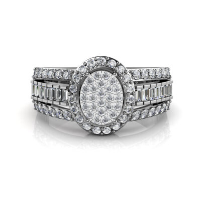 Front view of white gold or platinum oval diamond cluster baguette ring for men