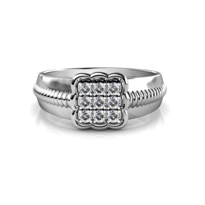Front view of white gold or platinum nine diamond scalloped square ring for men