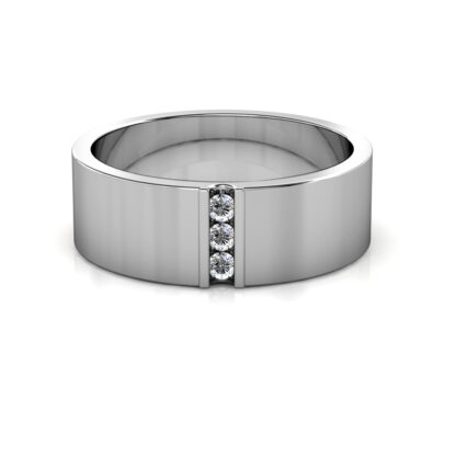 Front view of white gold or platinum vertical three diamond flat band for men