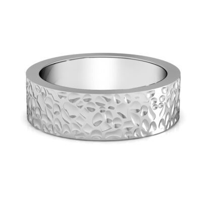 Front view of white gold or platinum hammered texture band for men