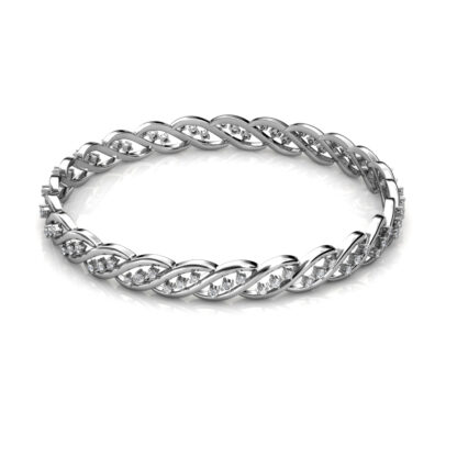 Perspective view of white gold or platinum twisted braid diamond bangle