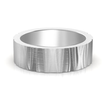 Front view of white gold or platinum bark texture band for men