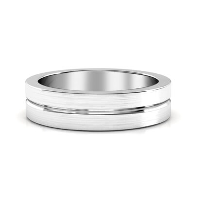 Front view of white gold or platinum brushed center groove band for men
