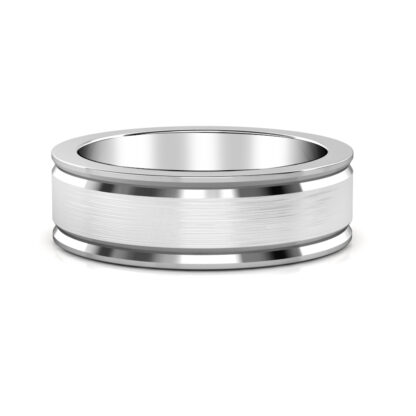 Front view of white gold or platinum brushed step edge band for men