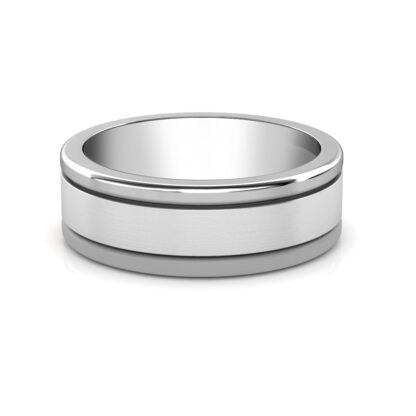Front view of white gold or platinum brushed double groove band for men