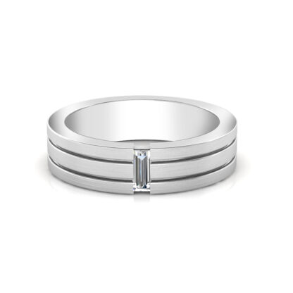 Front view of white gold or platinum baguette diamond double rail band for men