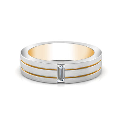 Front view of white and yellow gold baguette diamond double rail band for men