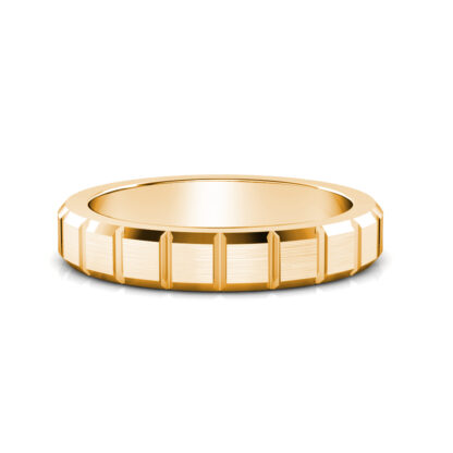 Front view of yellow gold brushed block segment band