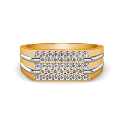 Front view of yellow and white gold five row pave diamond two-tone ring for men