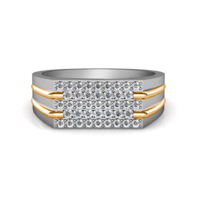 Front view of white and yellow gold five row pave diamond two-tone ring for men