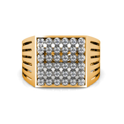 Front view of yellow gold square diamond cluster slotted ring for men