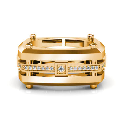 Front view of yellow gold screw detail diamond square band for men