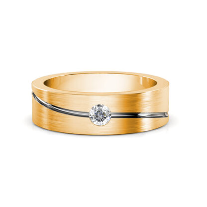 Front view of yellow gold wave line diamond brushed band for men