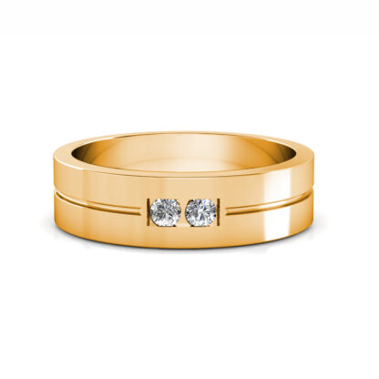 Front view of yellow gold two diamond groove flat band for men