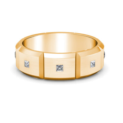 Front view of yellow gold princess diamond station band for men