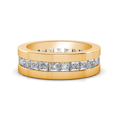 Front view of yellow gold princess cut channel-set eternity band for men