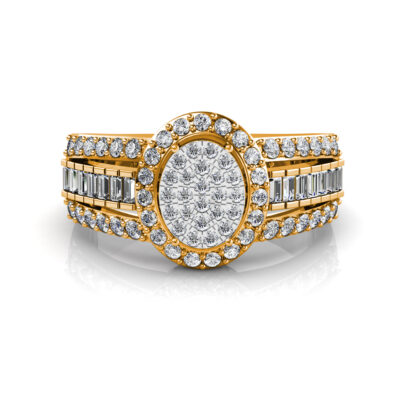 Front view of yellow gold oval diamond cluster baguette ring for men