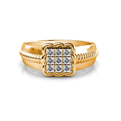 Front view of yellow gold nine diamond scalloped square ring for men