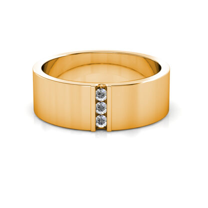 Front view of yellow gold vertical three diamond flat band for men